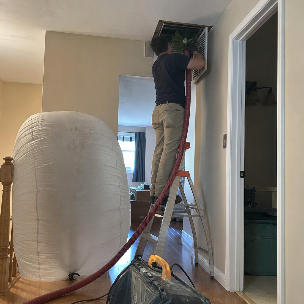 Technician performing professional residential air duct and vent cleaning