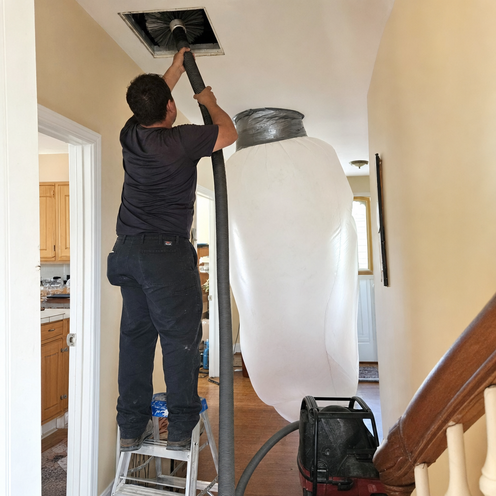 Professional technician performing residential air duct cleaning with vacuum equipment