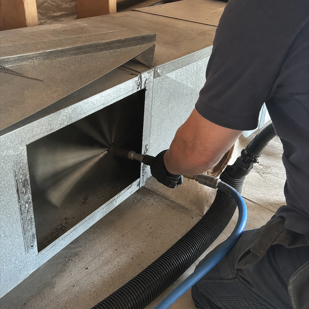 Technician using a high-pressure tool for professional air duct cleaning services