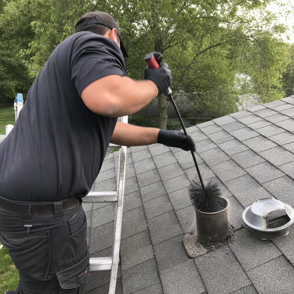 Professional cleaning a residential dryer vent from the roof