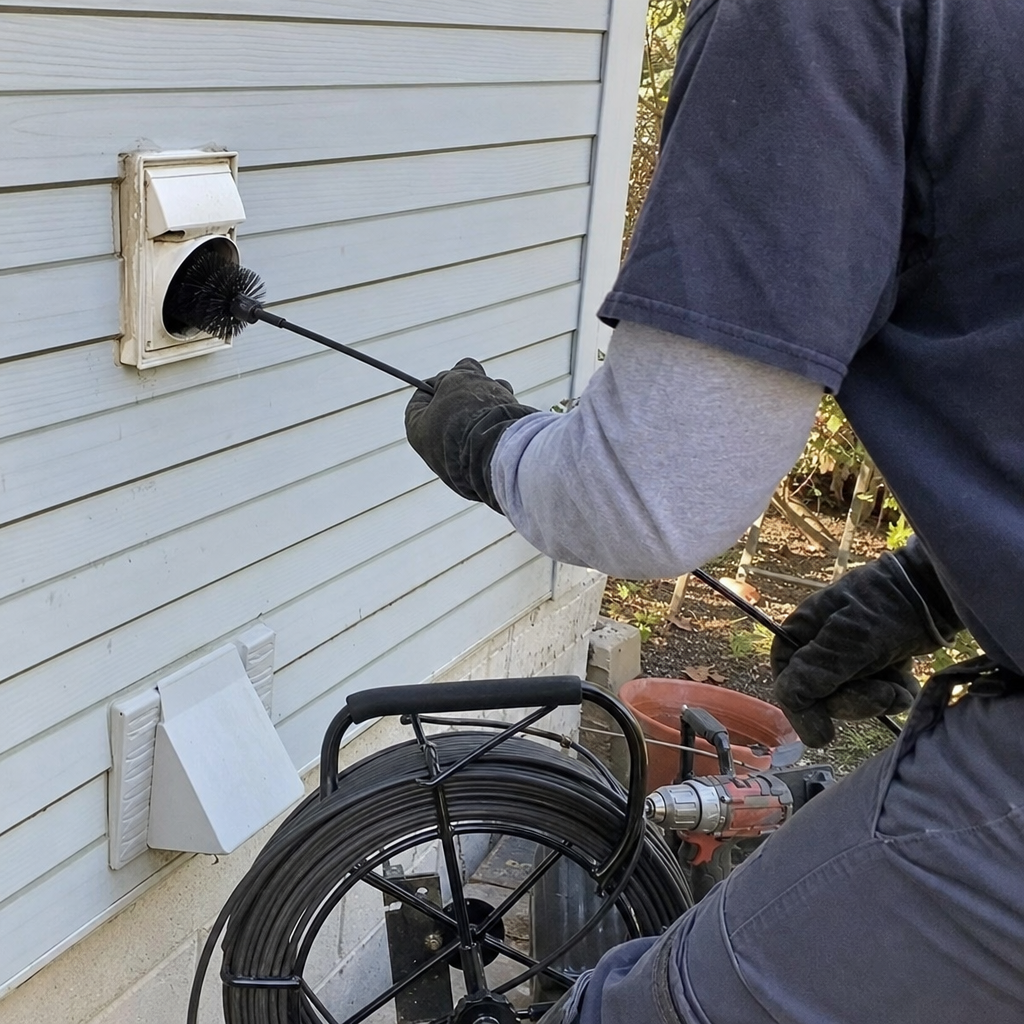 Technician performing professional residential dryer vent cleaning service
