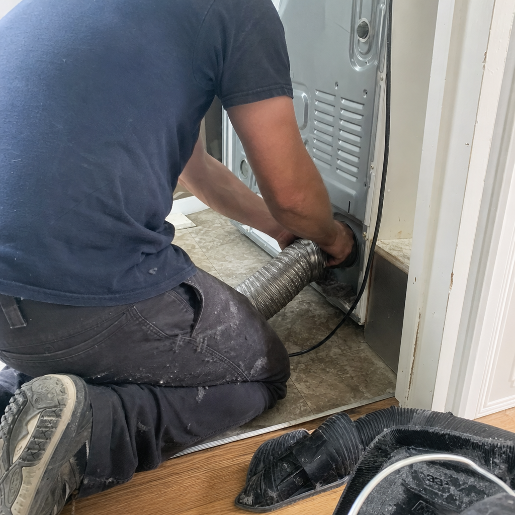 Technician connecting a flexible metal duct hose to a dryer vent