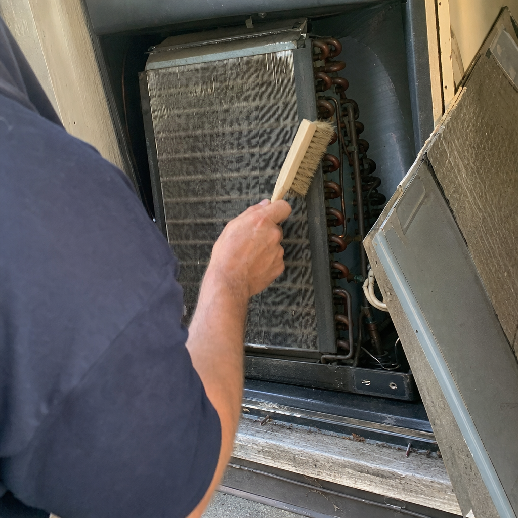 Technician performing professional HVAC coil cleaning and maintenance