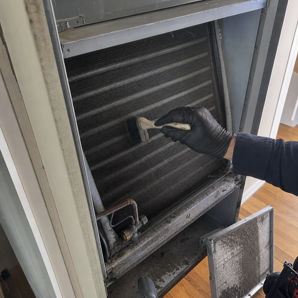 Professional technician cleaning residential HVAC air conditioner coil with brush