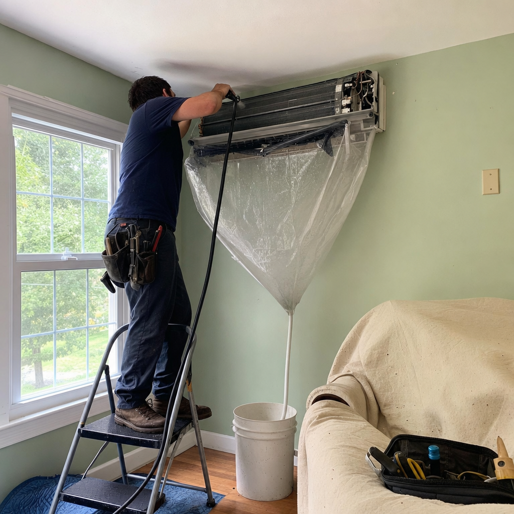 Technician performing professional indoor wall-mounted HVAC unit cleaning